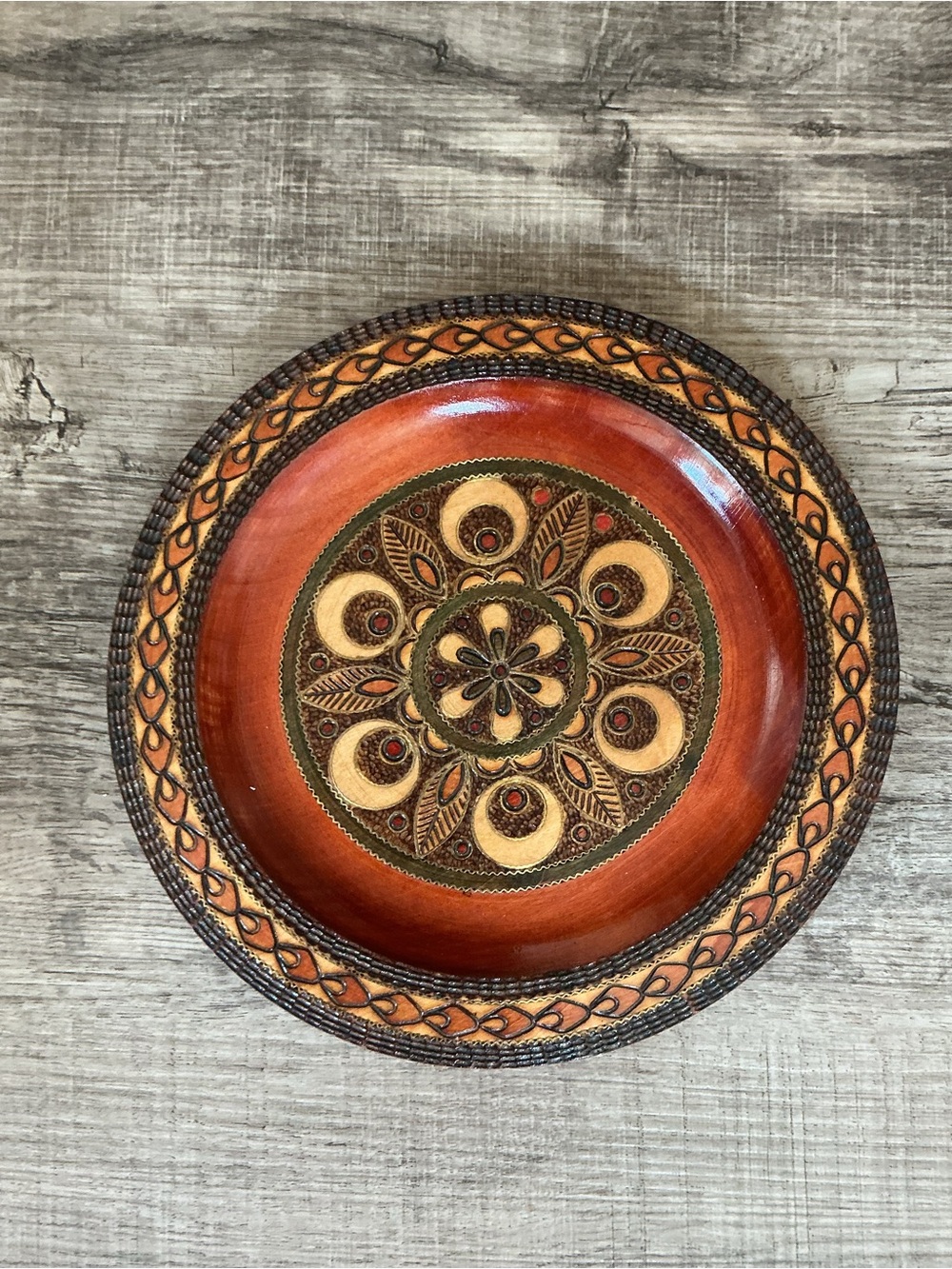 Vintage Polish Folk Art Carved Wood Plate floral etchings 9.5" Pyrography